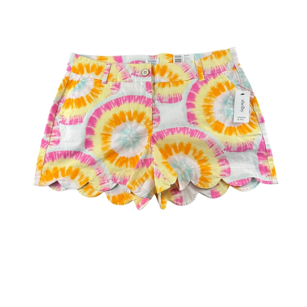 Crown & Ivy Shelby Scallop Tie Dye Shorts Pink Orange Yellow Womens 8 NEW